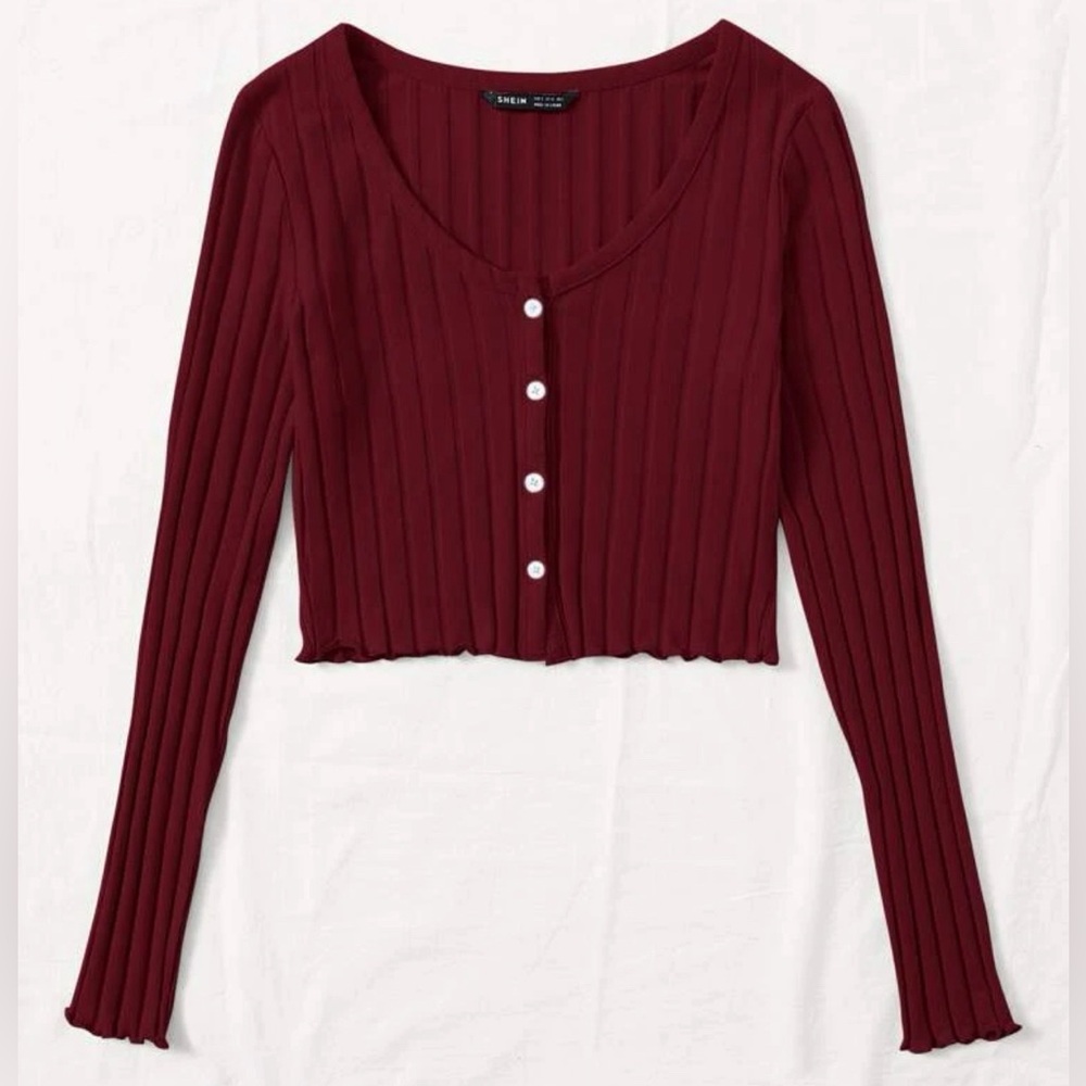 Button Front Lettuce Trim Rib-Knit Tee Red